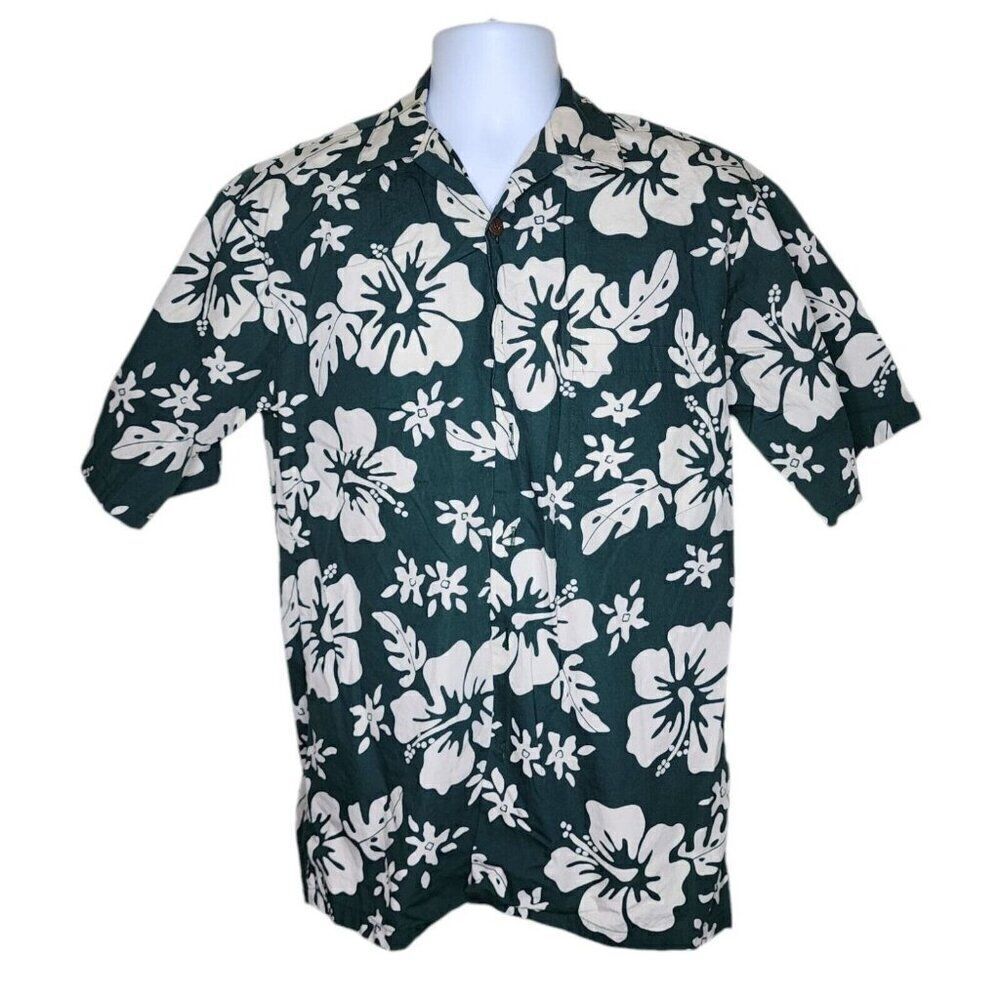 Vintage 90s Hilo Hattie Hawaiian Floral Short Sleeve Aloha Shirt Mens S Green